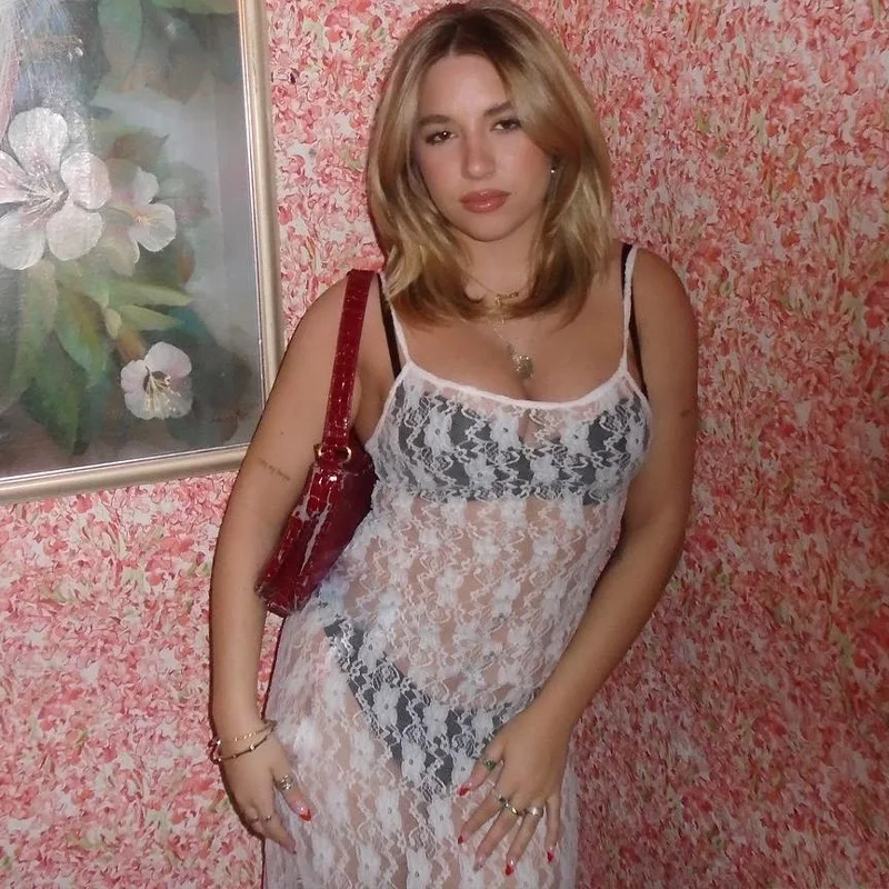 فستان بحمالات نسائي من الدانتيل الأبيض من JHJN شبكي شفاف من خلال طباعة الأزهار فيستدو بطول منتصف الساق ملابس نوادي هوتيز قابلة للتنفس