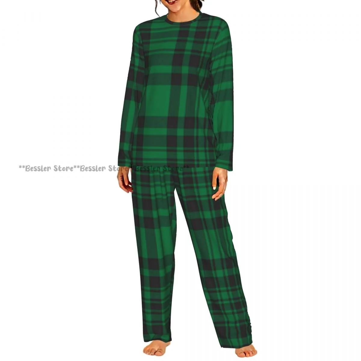 2 Piece Loungewear Women Pajama Sets Green Glen Plaid Textured Soft Homewear Sleepwear Long Sleeve Nightwear