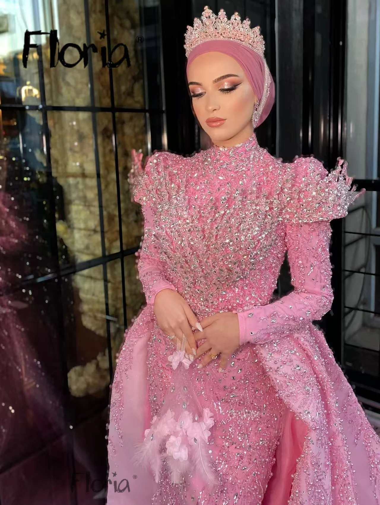 Pink Muslim Plus Size Formal Dresses Bridal Long Sleeve Gillter Beaded Applique Caftan Morocca Evening Gown Outfit Customsized