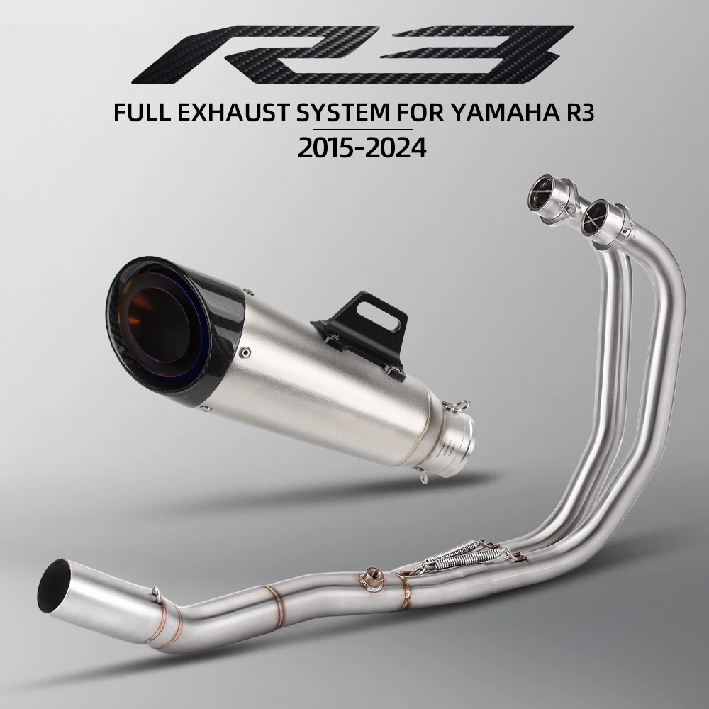 

Для Yamaha R3 2015-2024 51 мм трехслойный глушитель из углеродного волокна, передняя звено, выхлопная труба мотоцикла, полная система