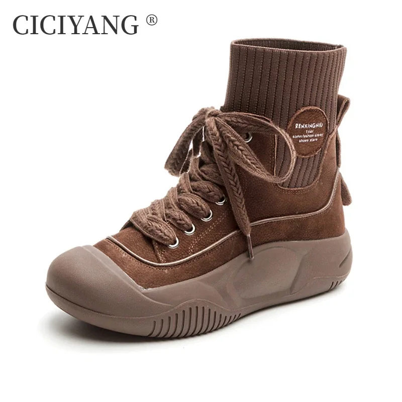 CICIYANG Genuine Cowhide Leather Casual High-top Shoes Women 2024 Autumn British Style Flat Ankle Boots Ladies Anti-slip Booties