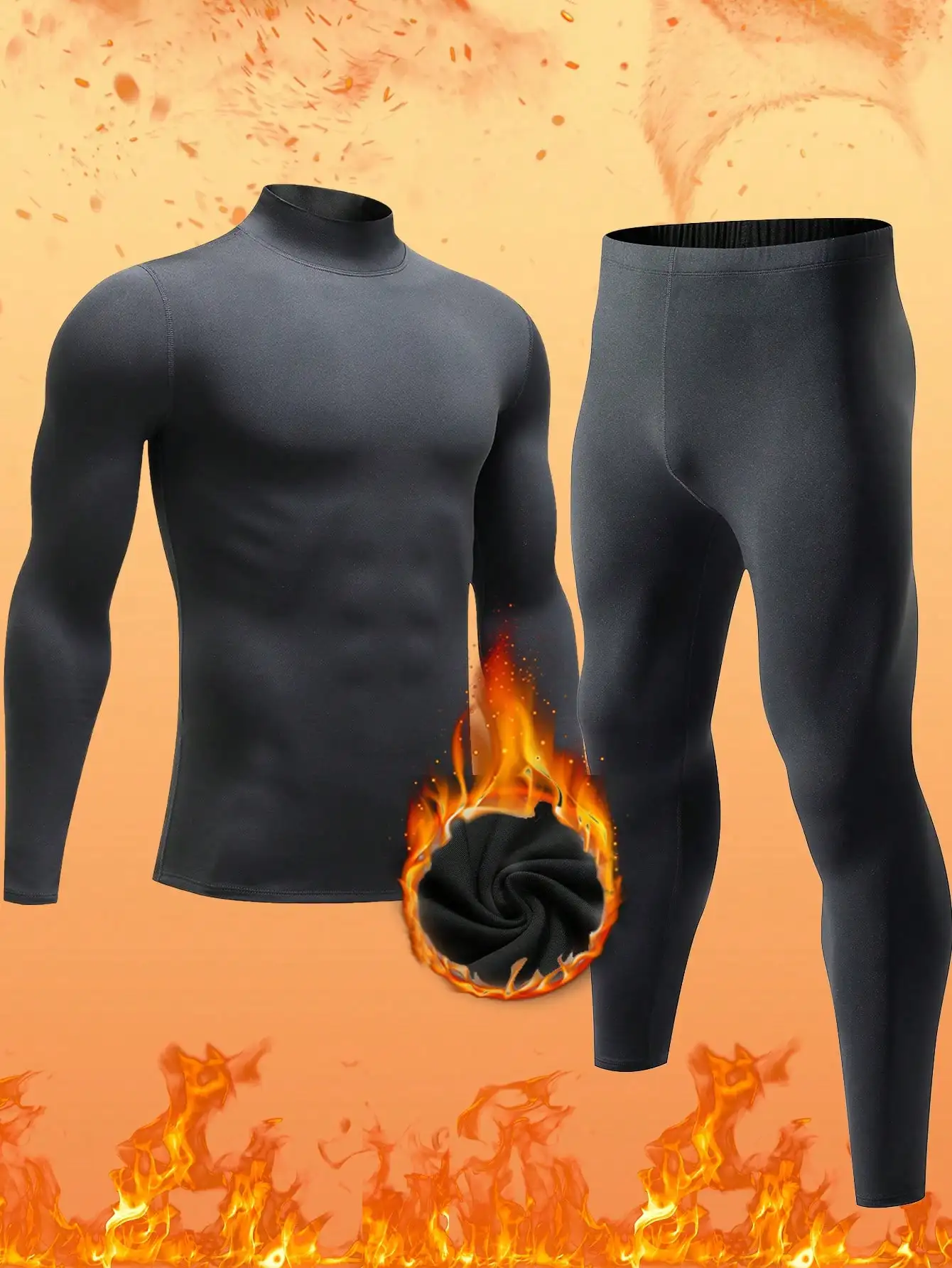 

Мужской комплект термобелья с высоким воротом - черный, облегающий, с теплой подкладкой, базовый слой для холодной погоды