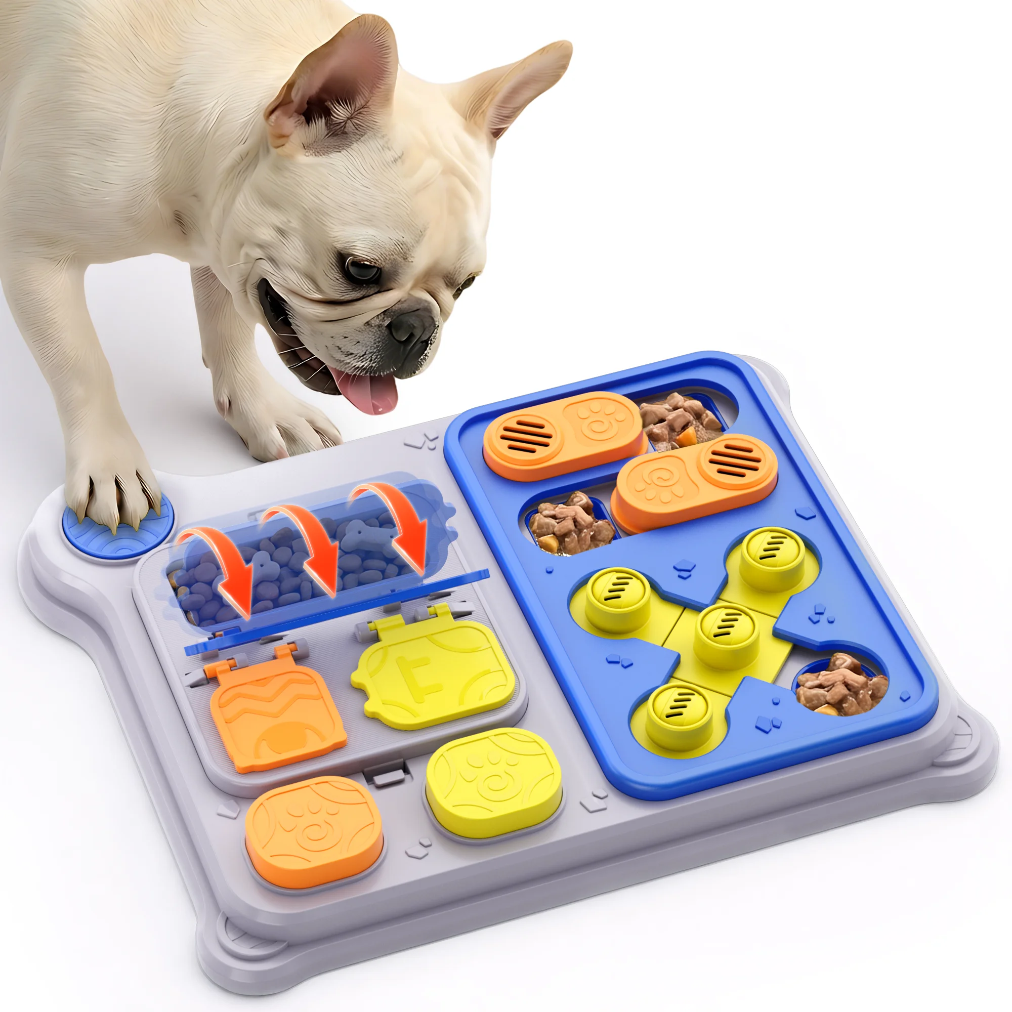 

Smart slow-feed pet feeder toy for dogs and cats, great for training and entertaining indoor pets.