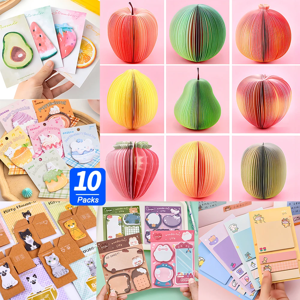 10Sets Mixed Cute Sticky Notes Kawaii Memo Pad Post Notepad School Journal Stationery To Do Shopping Index Tabs Wish Check Lists