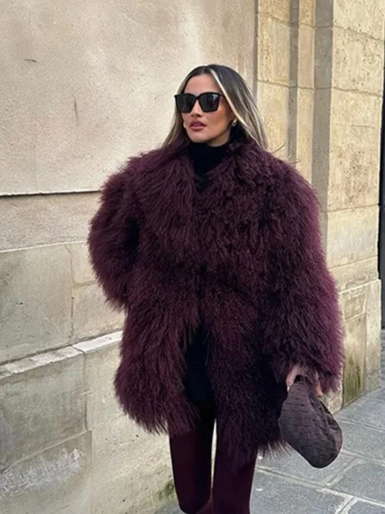Winter Burgundy Fluffy Fur Coat for Women Long Sleeve V-Neck Warm Plush Short Jacket Street Female Fashion Commute Outerwear