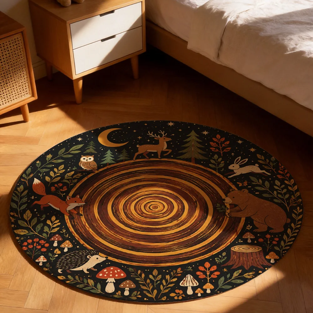 Forest Woodland Animals Round Area Rug Nursery Decor Cute Fox Deer Bear Rabbit Autumn Farmhouse Style Mat - view 4