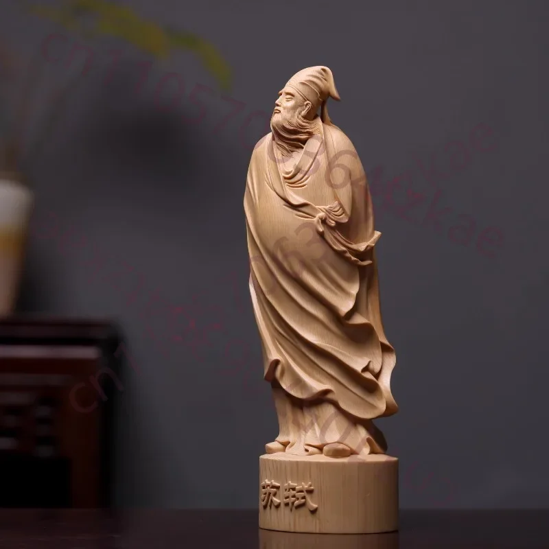 Solid Wood Hand-Carved Su Shi Statue, Scholar Tea Table Ornament, New Chinese Zen Decor for Study & Desk