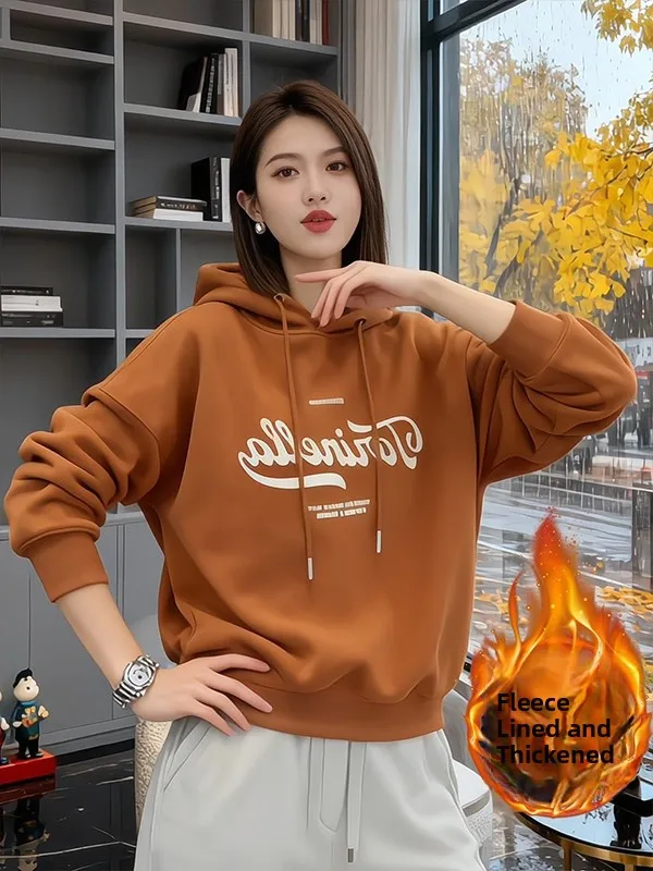 

Thiened Fce Hoodie Sweatirt Women's Loose Fit Korean Sle Letter Print Casual Base Layer irt Winter New Arrival