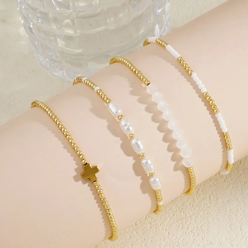 1pc/4pcs White Crystal Imitation Pearl Copper Bead Cross Bead Bracelet Set Bohemian Women\'s Fashion Style Stacked Gift