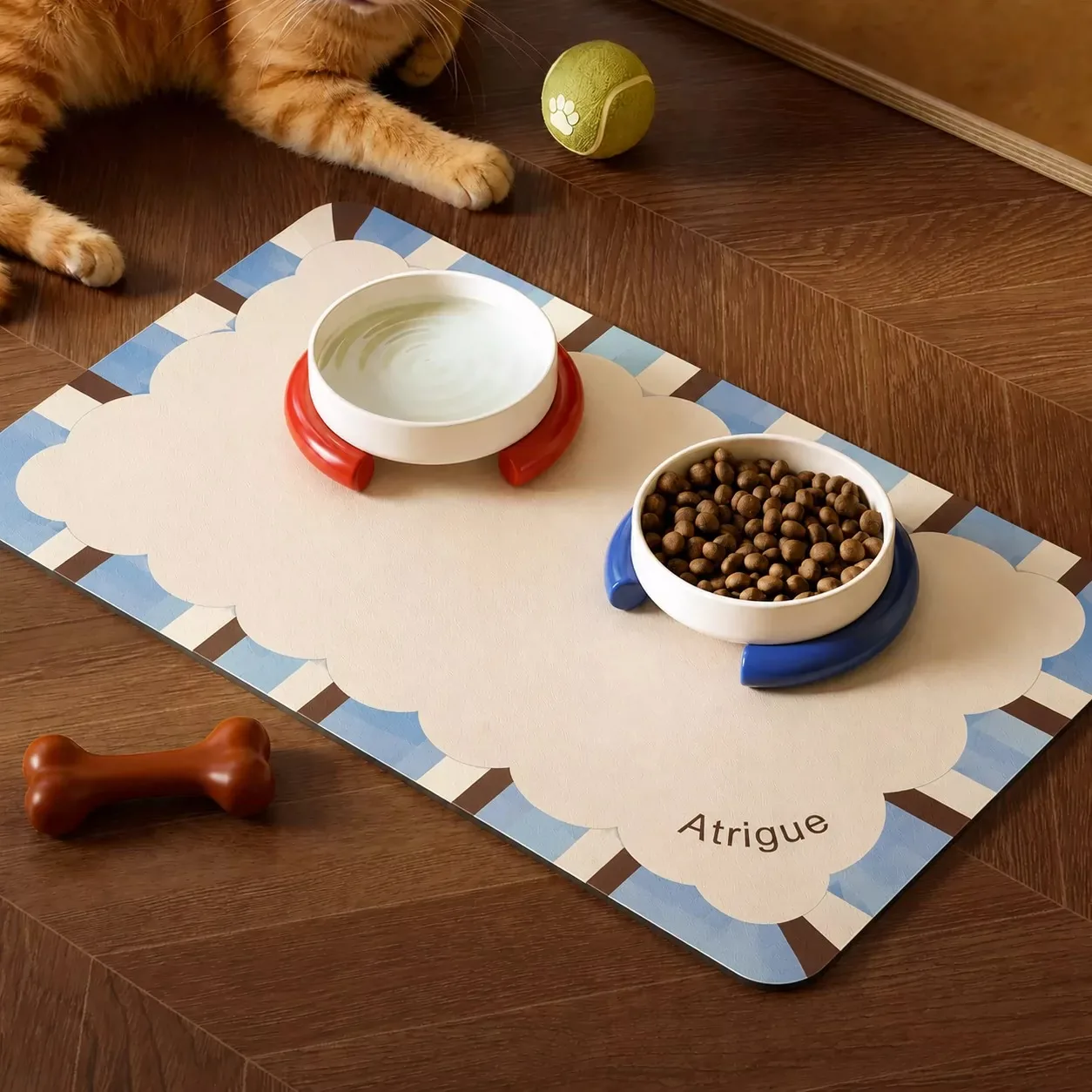 Minimalist Solid Color Pet Feeding Mat with Striped Border Waterproof Leather Dog Cat Food Bowl Placemat Floor Protector