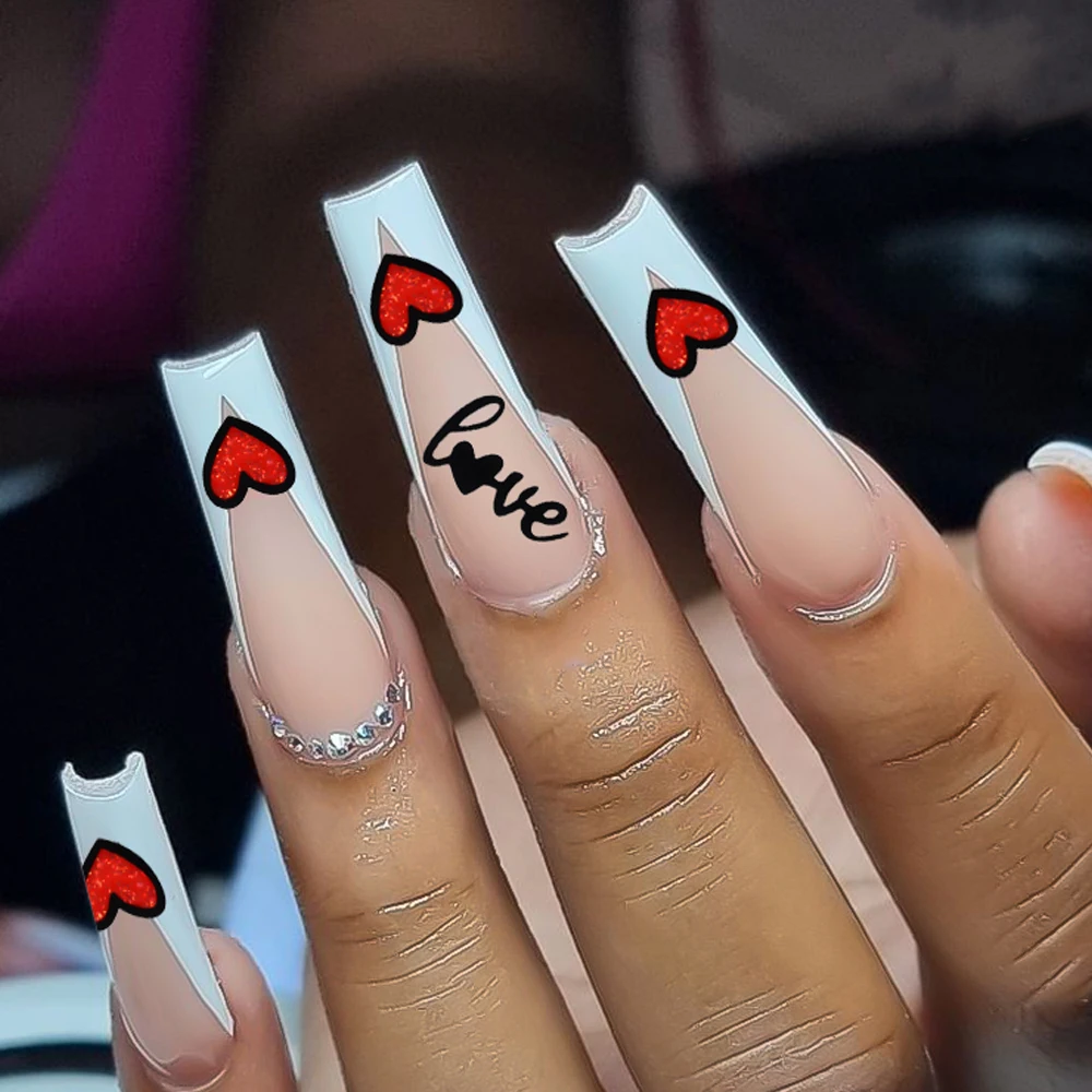 6pcs Black Love  Nail Art Decals Cute Y2k Glitter Red Heart Bowtie Nail Stickers 8*10cm Adhesive Kawaii Love Hear Nail Art Suppl