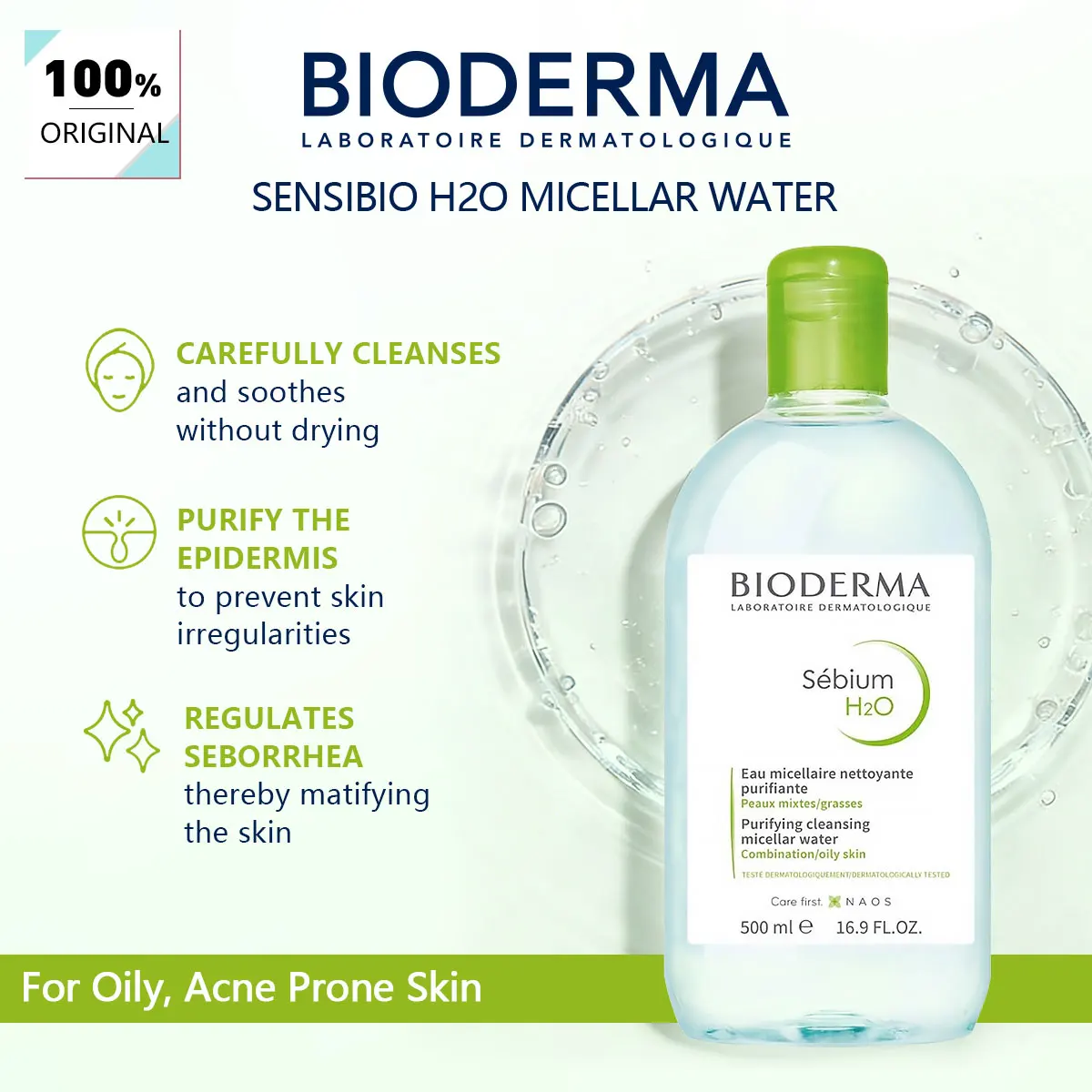 Bioderma SEBIUM H2O 500ML, Fórmula Suave y Limpieza Diaria, Hidratante y Refrescante, a Base de Agua y Equilibrio de la Piel, Sin Residuos y Textura Ligera