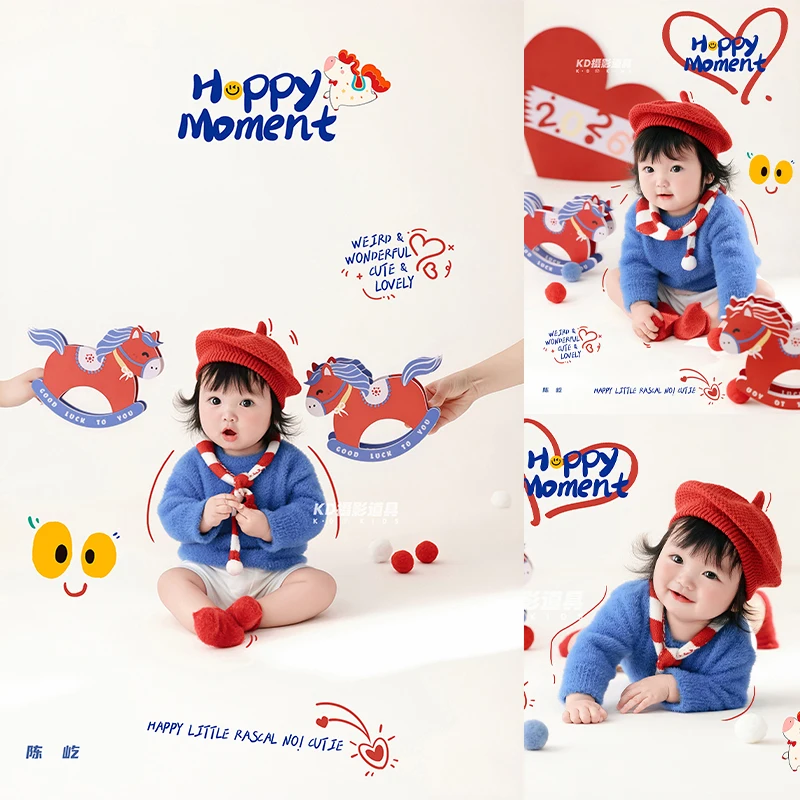 

100-Day-Old Newborn Photography Outfit Korean-Style Blue Sweater +Pants +Red Beret +Striped Scarf +Socks 5pcs Baby Photo Costume