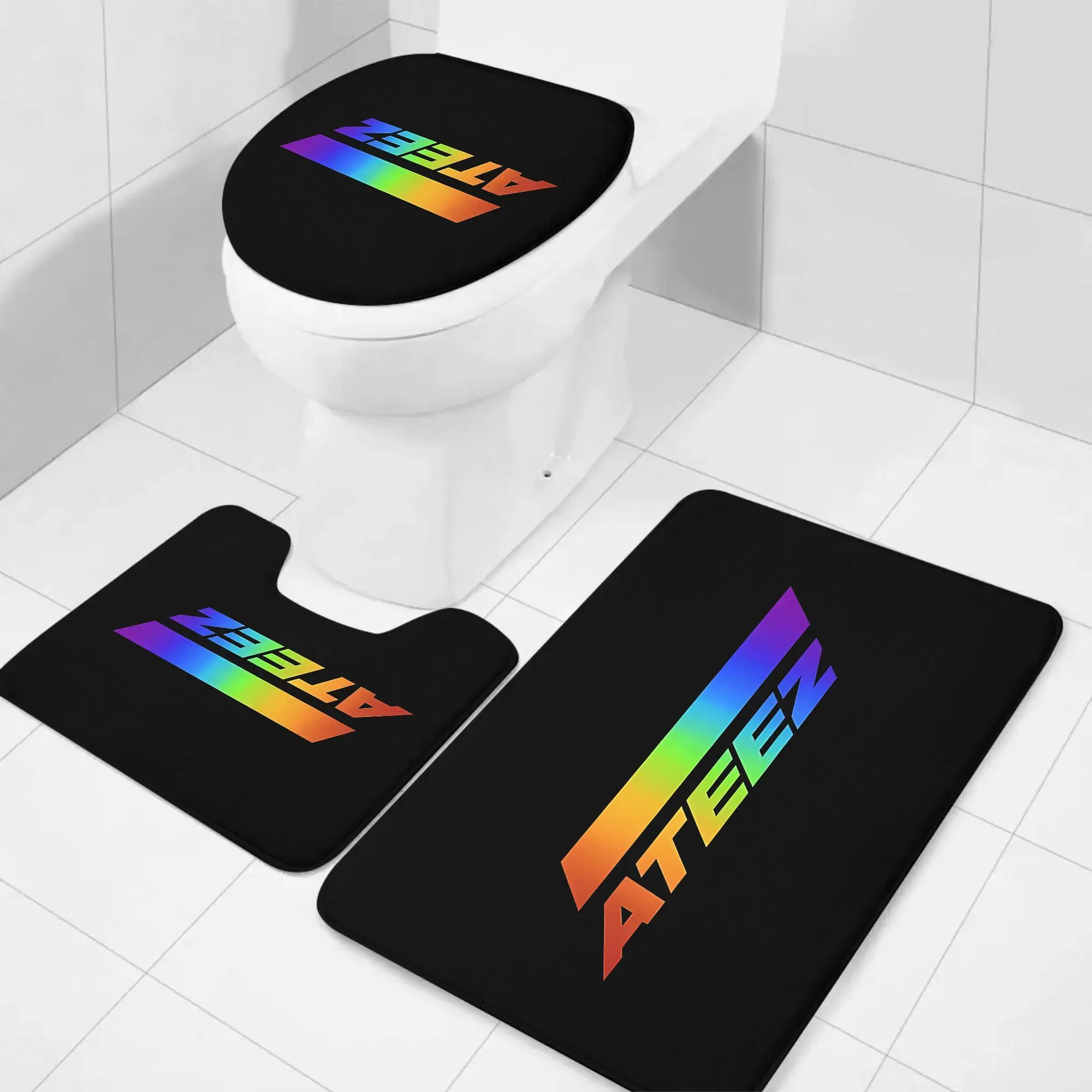 

K-pop Rainbow Bath Set Three Piece Mat Toilet Lid Cover and U Shaped Rug Soft Flannel Non Slip for Stylish Bathroom Decor