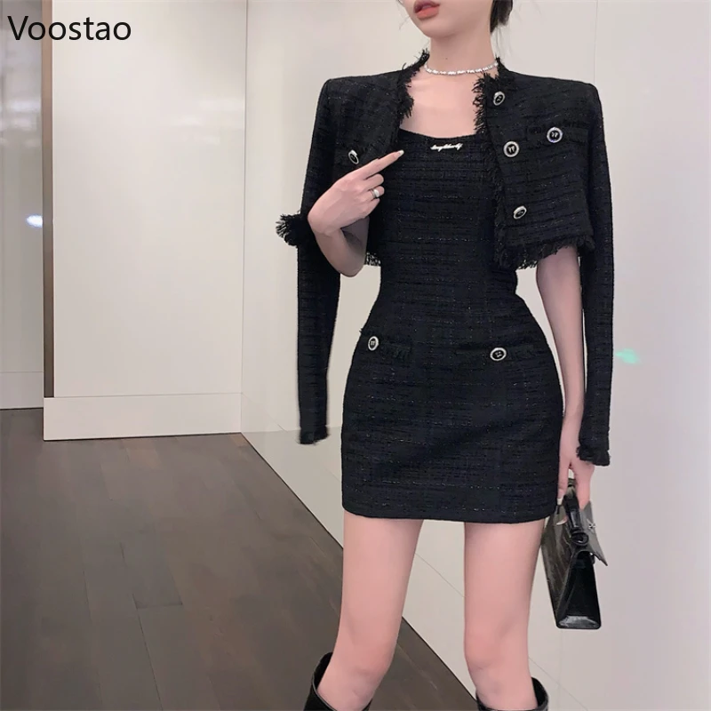 Autumn Elegant 2 Piece Set Women Korean Style Fashion Black Short Jackets Strap Mini Dress Suit Spring Female Casual Y2k Outfits