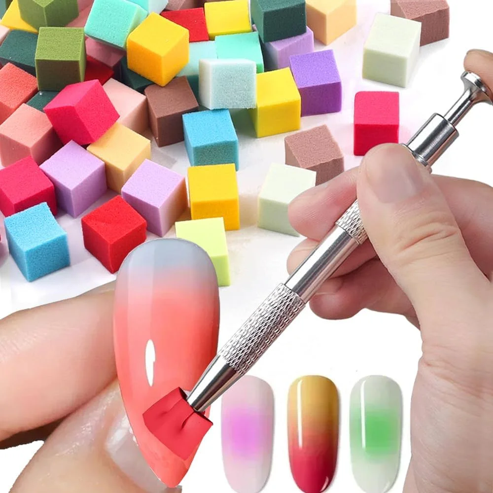 100 Stück Nagelkunstschwämme und Kratzstifte, Puderquasten, Mini-Tofu-Blöcke, Clips, Rougewerkzeuge mit Farbverlauf