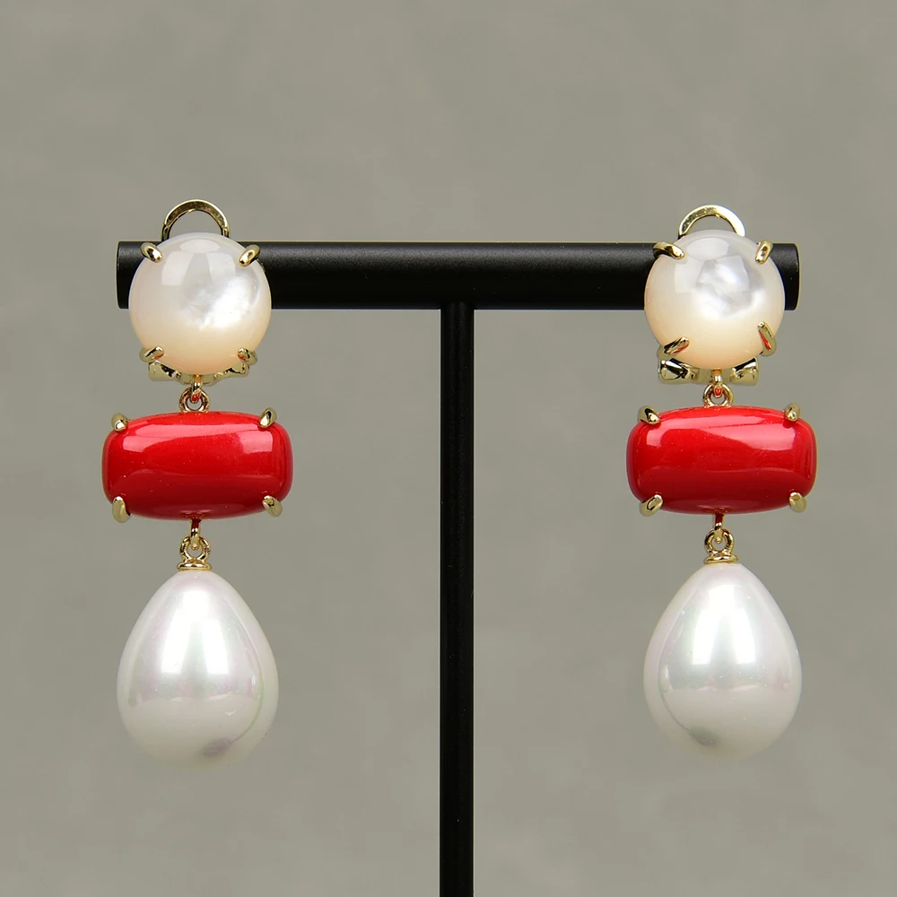

APDGG Natural White Sea Shell Red Turquoise Gold Plated Stud Earrings