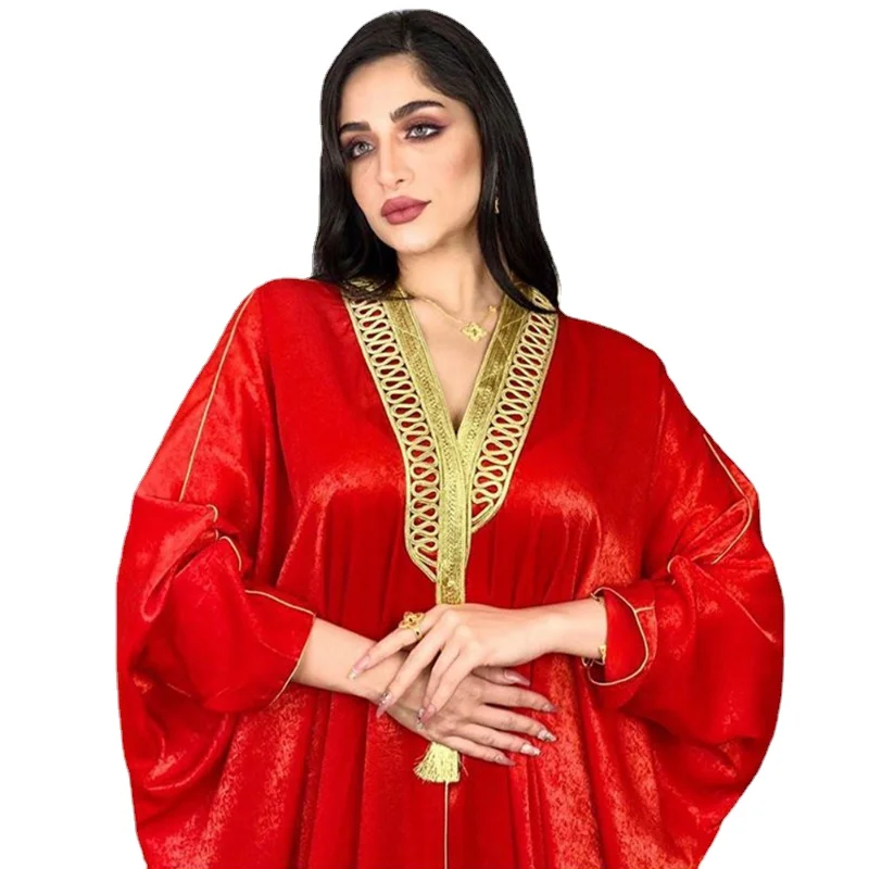 

Moroccan Kaftan Dubai Open Abaya Dress for Women Gold Ribbon Batwing Sleeve Arabic Muslim Turkey Clothes France Velvet