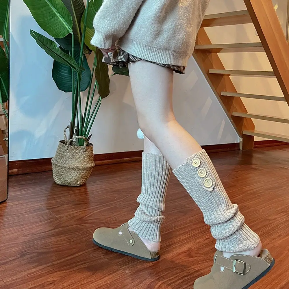 

Female Winter Autumn Stripe Boots Cover Buttons Harajuku Style Knitted Foot Cover Women Leg Warmers Long Socks Cover Wool Boots