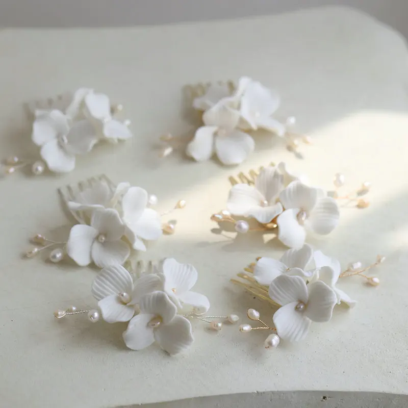 Handmade White Ceramic Flower Hair Comb Bridal Headdress Tiny Pearl Wedding Hair Accessories Earring Jewelry