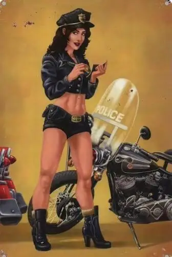 METAL TIN SIGN SEXY PIN UP GIRL IN UNIFORM BY MOTORCYCLE