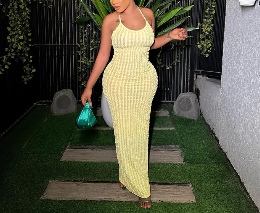 

2025 Spring Women's New Lace up, Bareback, Sexy Hot Girl Solid Color Popcorn Tight Dress