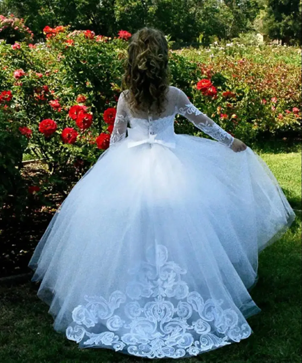 Vestido Elegante de Dama de Honra para Casamento com Apliques, Laço, Mangas Compridas, Bordado, Saia Rodada para Crianças, Festa de Aniversário, Baile de Formatura, Concurso, Comunhão