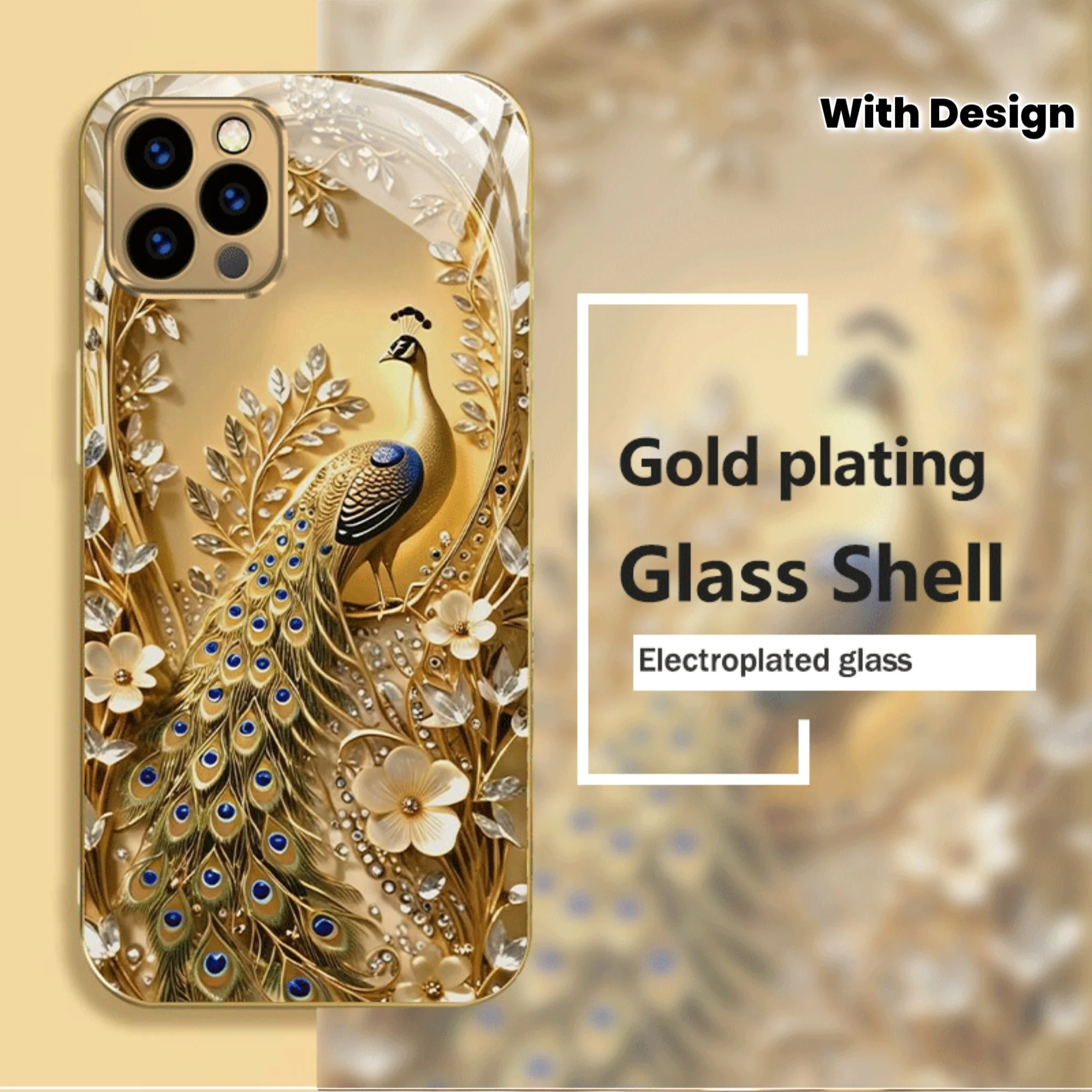 Gold and jade peacock pattern electroplated gold texture glass phone case, suitable for iPhone 17/16/15/14/13/12/11, etc.