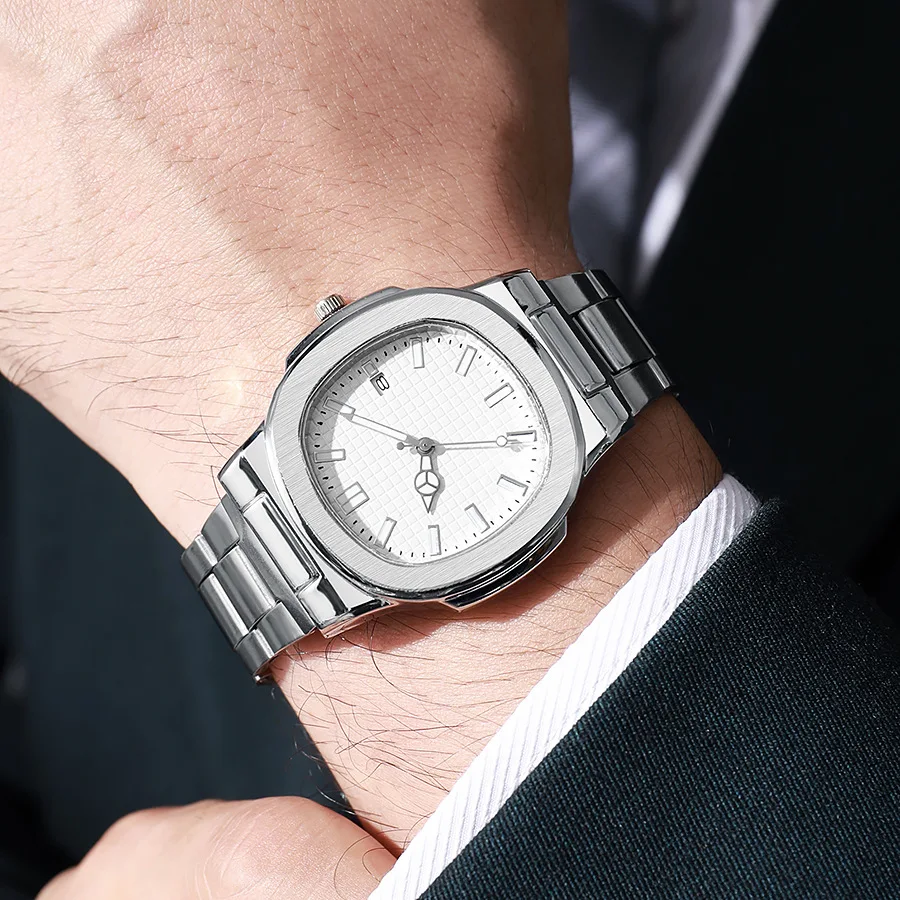 Orologio sportivo quadrato da uomo Orologio da polso al quarzo in acciaio inossidabile con data e calendario Orologio casual da lavoro