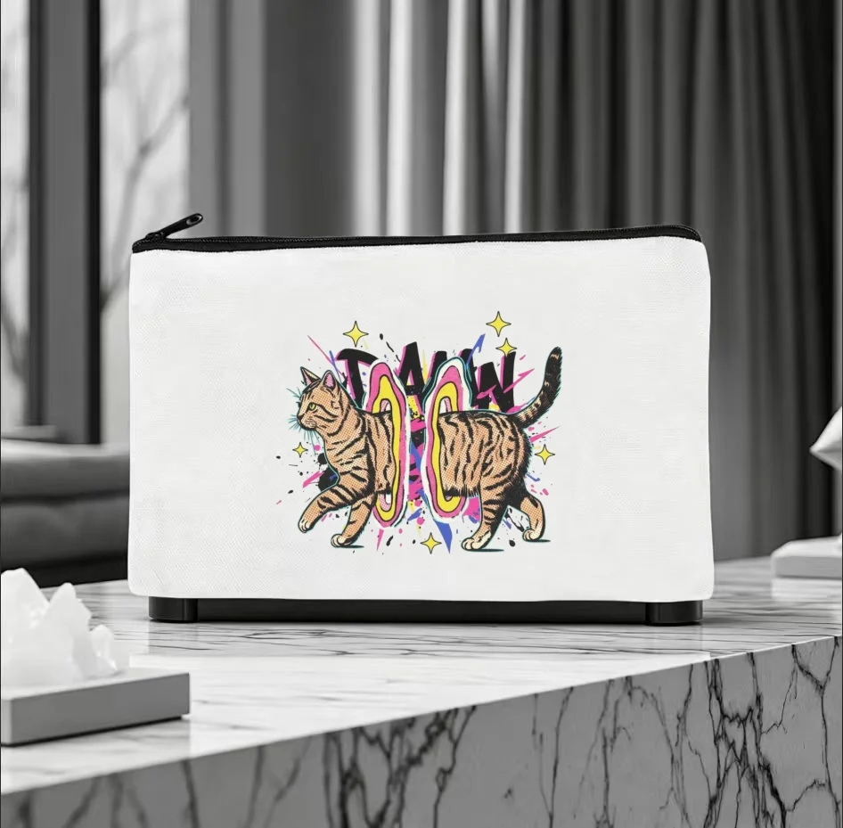 1PC Colorful Street Graffiti Walking Tiger Cat Star Print Makeup Bag Double Sided Canvas Daily Storage Organizer