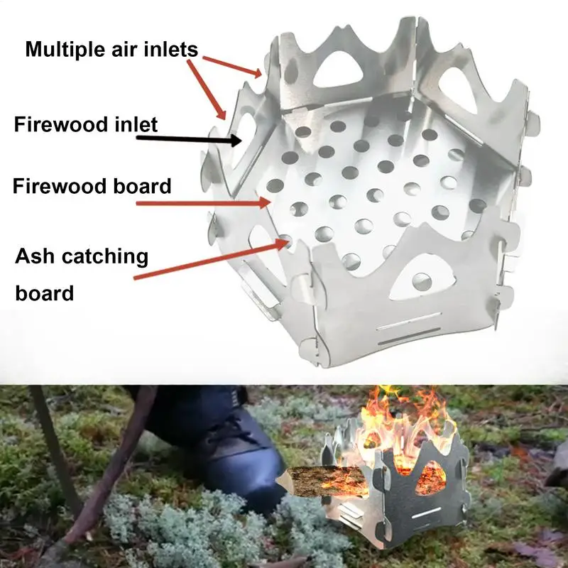 Hexagon Backpacking Wood Stove Camping Wood Stove Portable Outdoor Folding Stainless Steel Wood Stove Burning