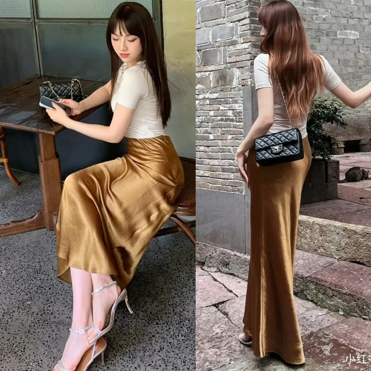 Gorgeous Satin Light · Acetic Acid Split Skirt, High Waist Diagonal Fishtail Skirt Swing Skirt