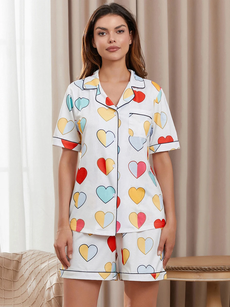 Women 2 Piece Pajamas Set Fashion Heart Print Button Down Short Sleeve T-Shirt Elastic Waits Shorts Summer Lounge Pjs Sets