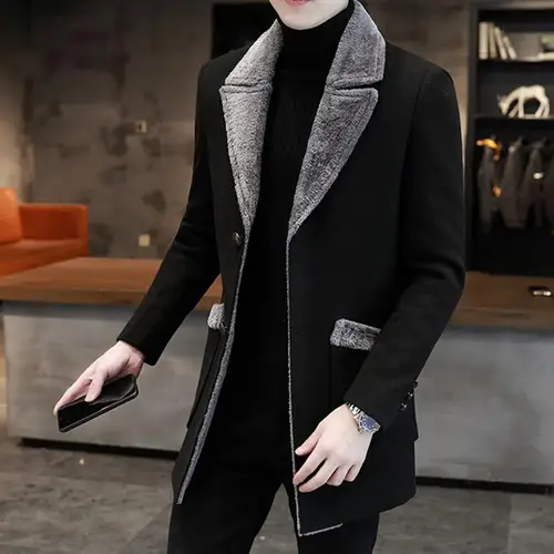 Chaqueta de negocios para hombre, abrigo de longitud media con cuello de felpa de un solo pecho, abrigo de lana para otoño e invierno, gabardina cortavientos para hombre