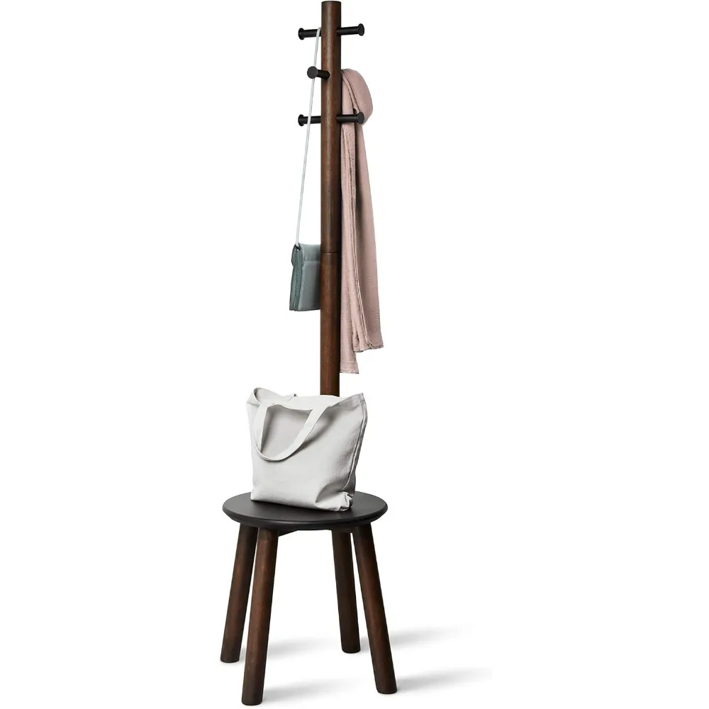 Umbra Pillar Coat Rack, Stool, Black/Walnut