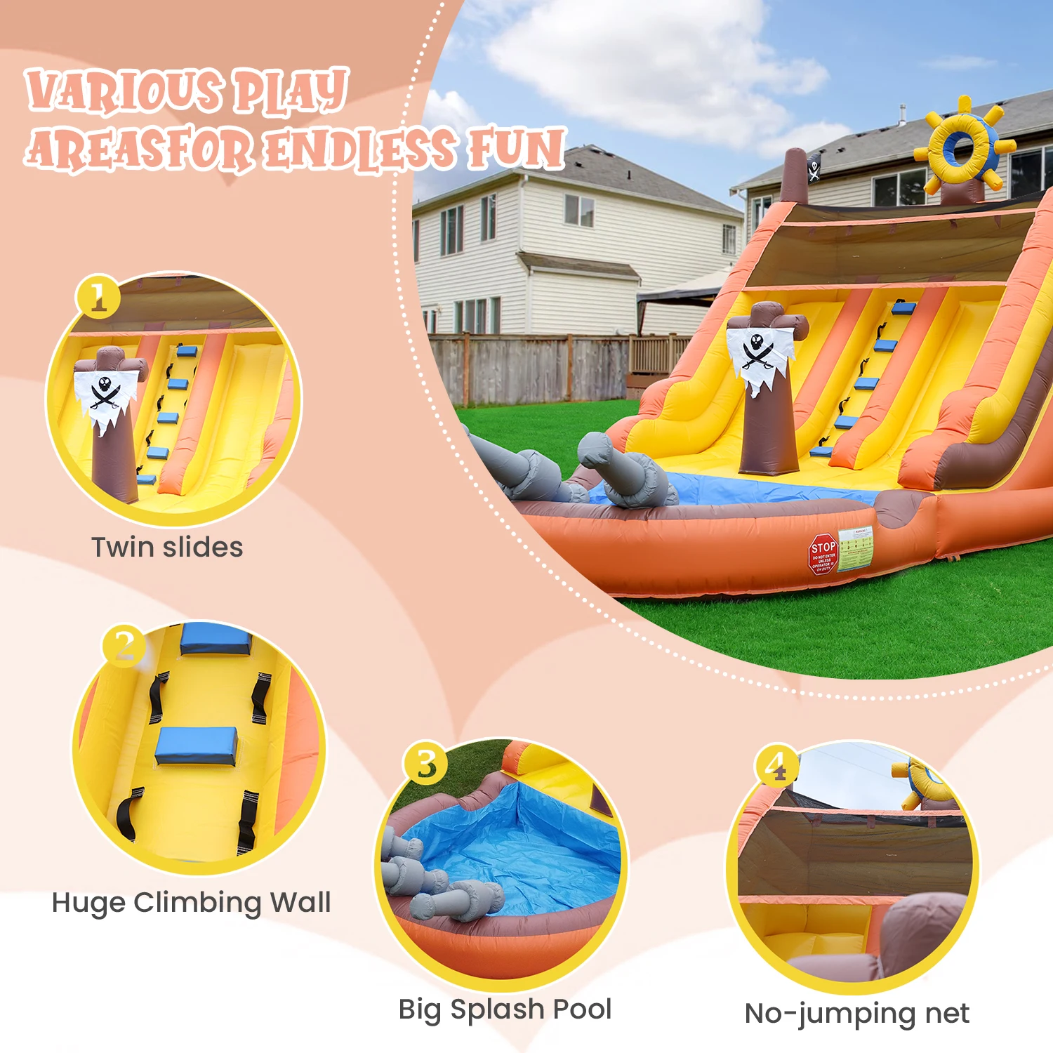 Thème de bateau Pirate gonflable Commercial, double toboggan aquatique avec piscine anti-éclaboussures + jouets gonflables en souffleur pour aire de jeux pour enfants