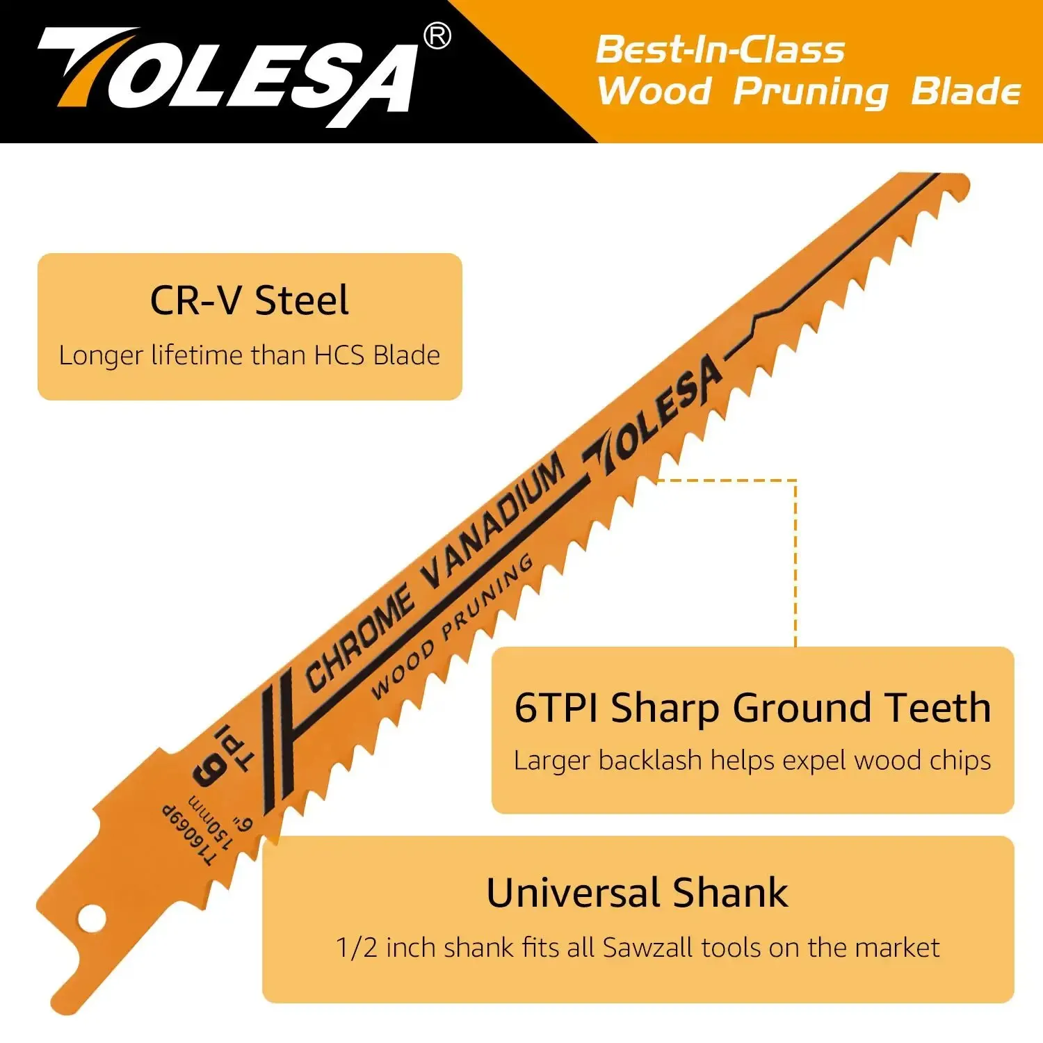 TOLESA 5PCS 6TPI 6 Inch Wood Pruning Reciprocating Saw Blades for Wood and PVC Pipe Cutting CRV Sharp Ground Teeth Sabre