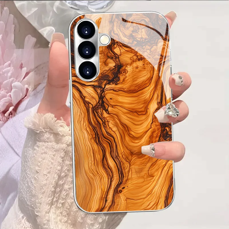 Wood grain pattern glass phone case suitable for Samsung Galaxy S26 S25 S24 S23 S22 S20 FE/Ultra/Plus anti drop back cover