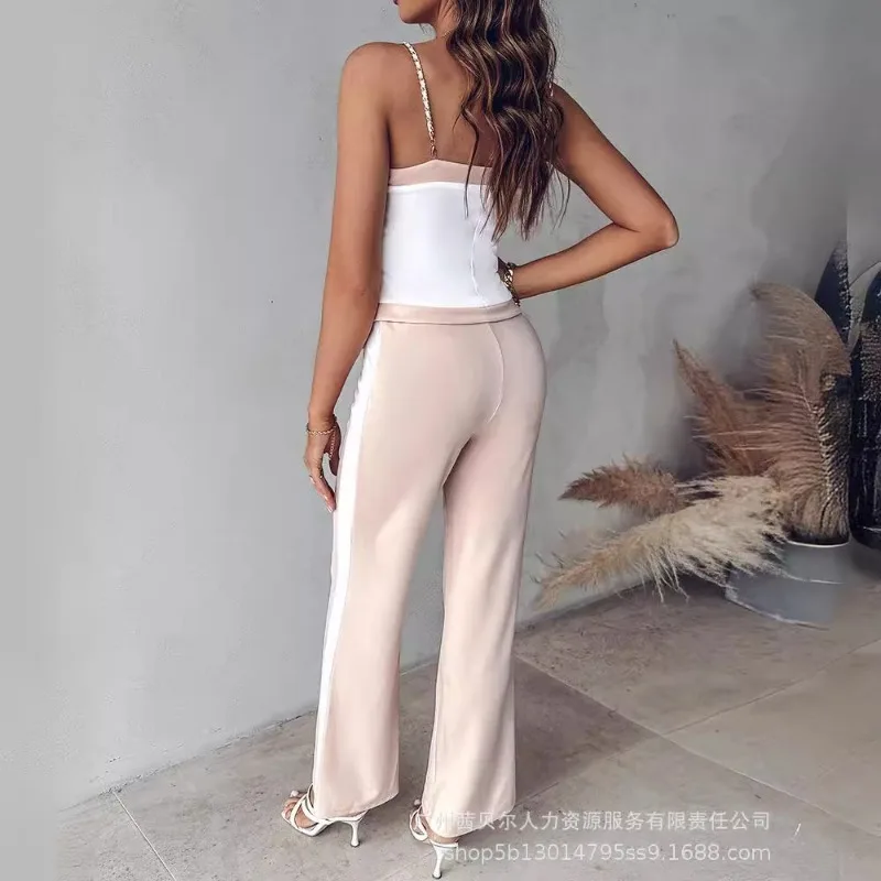 Stylish Temperament 2024 Spring Summer New Women's Clothing Color Matching Metal Strap Vest Casual Straight Pants 2-Piece Set In