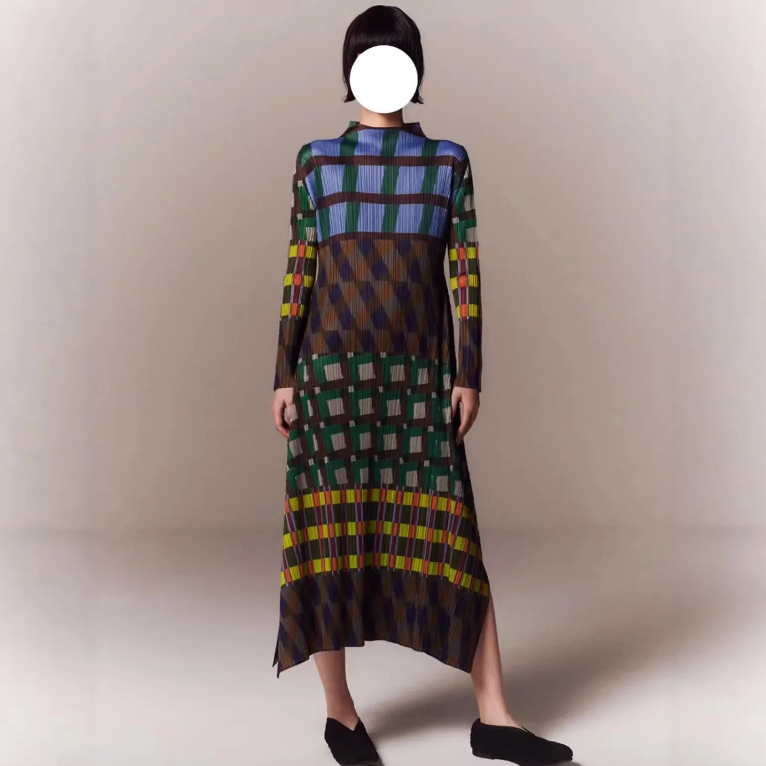 

Miyake Pleated 2026 Spring and Summer High Fashion Dress Colorful Plaid Pleated Printed Versatile Long Skirt