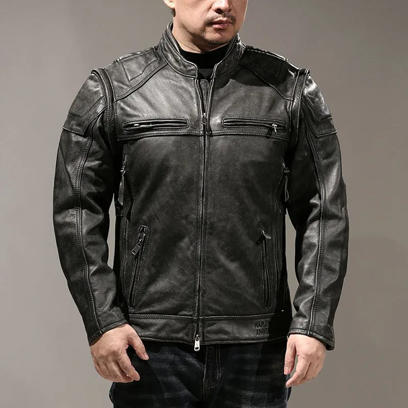 Detachable sleeve leather men's stand-up collar motorcycle cowhide