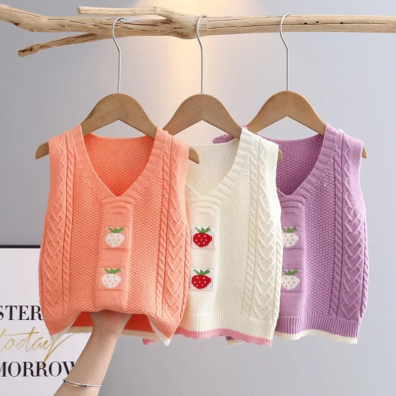 

Вязаные Пуловеры без рукавов для маленьких девочек, милый Повседневный хлопковый тонкий жилет с клубничным узором для девочек 1-6 лет, GY04202
