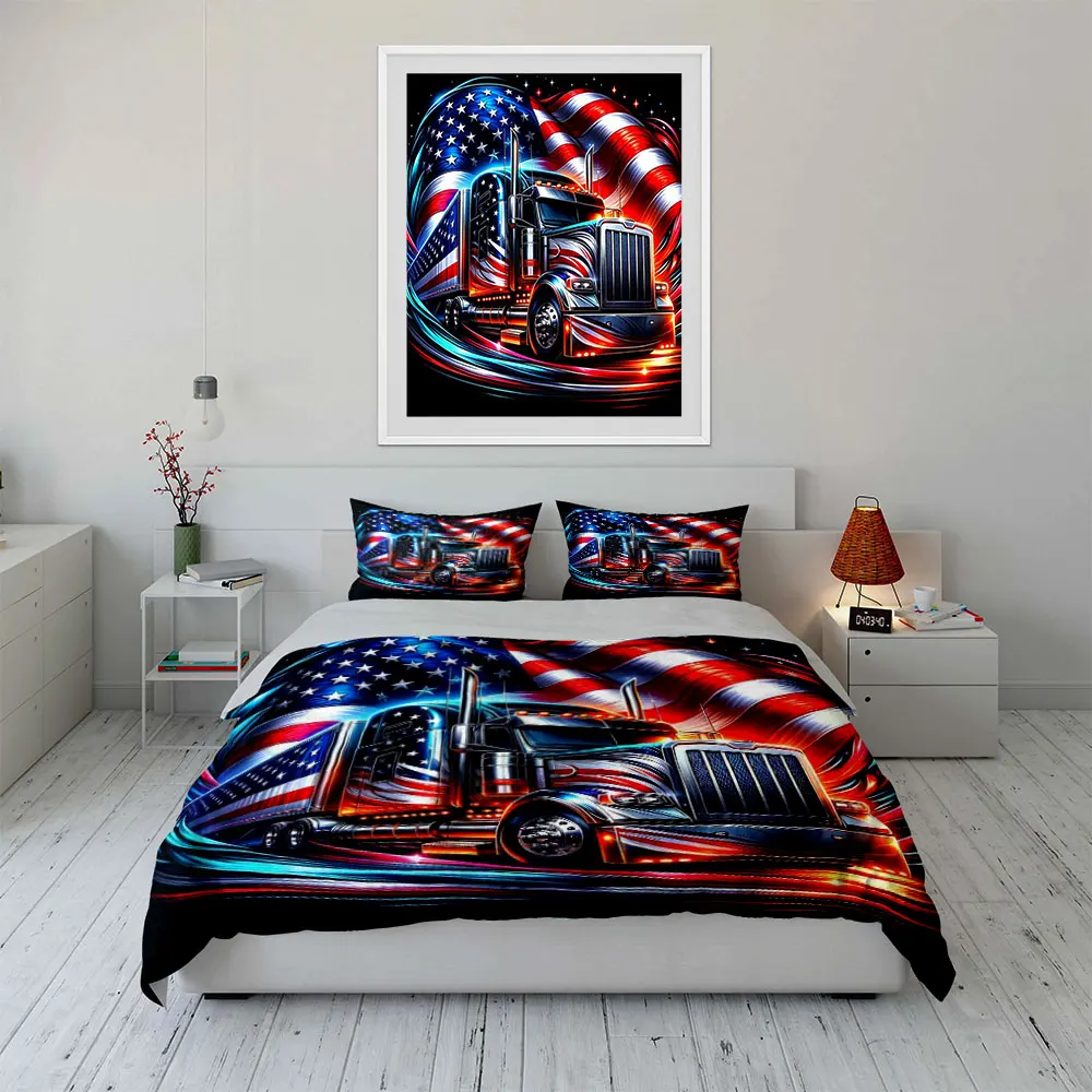 American truck with waving flag Print Soft Comfortable Duvet Cover Bedding Set Included 1*Duvet Cover 2*Pillowcases Luxury gifts
