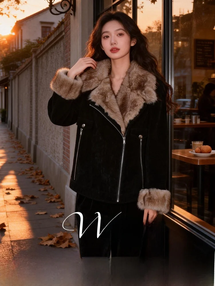 

plus Size Cotton Blend Suit Autumn Winter Casual Office Wear Long Pants irt Two Piece Set Warm Flap Collar Wide Leg Long Top