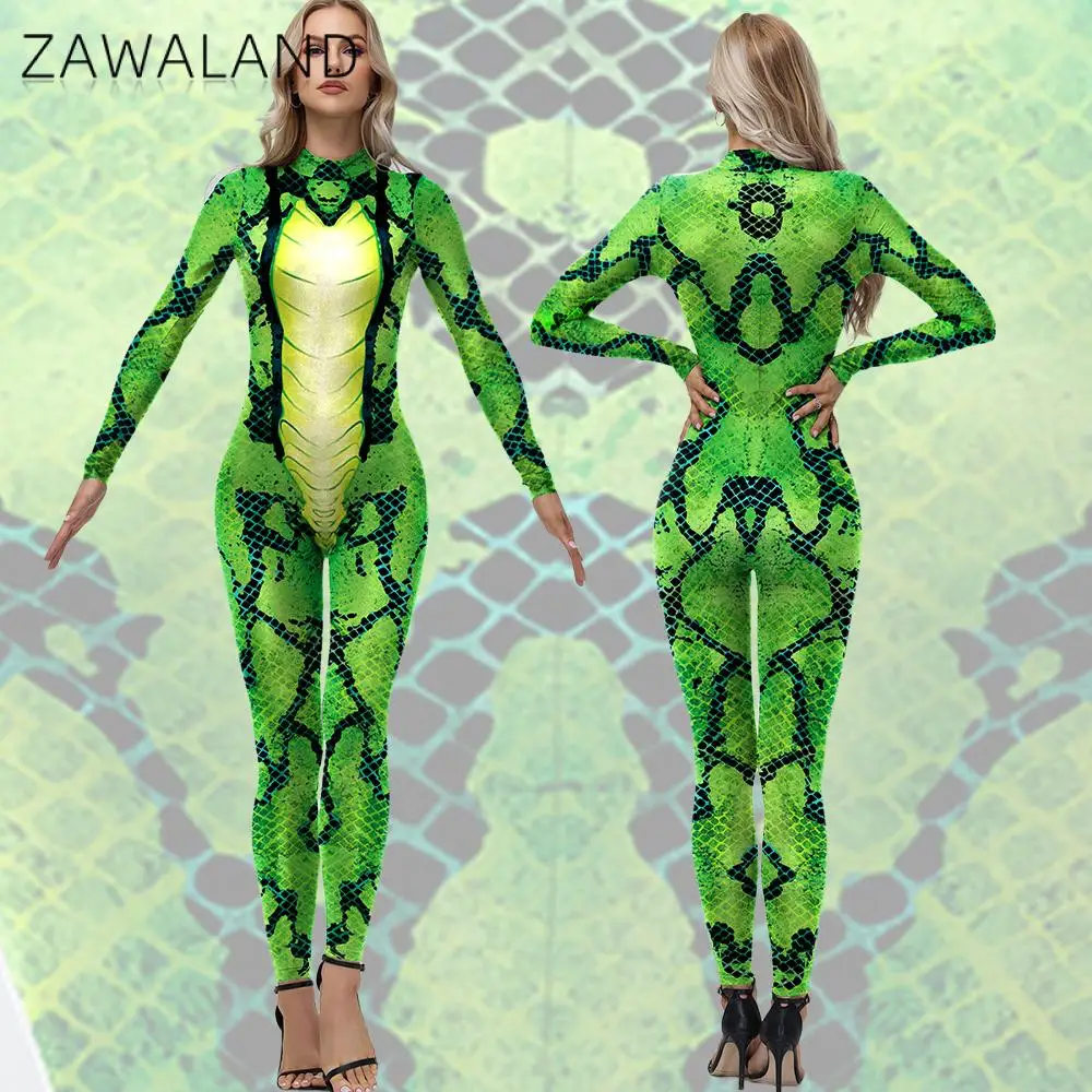 

Green Snake Costumes Women Carnival Cosplay Animal Snake Pattern 3D Printing Jumpsuits Halloween Fancy Dress Up Zentai Bodysuits