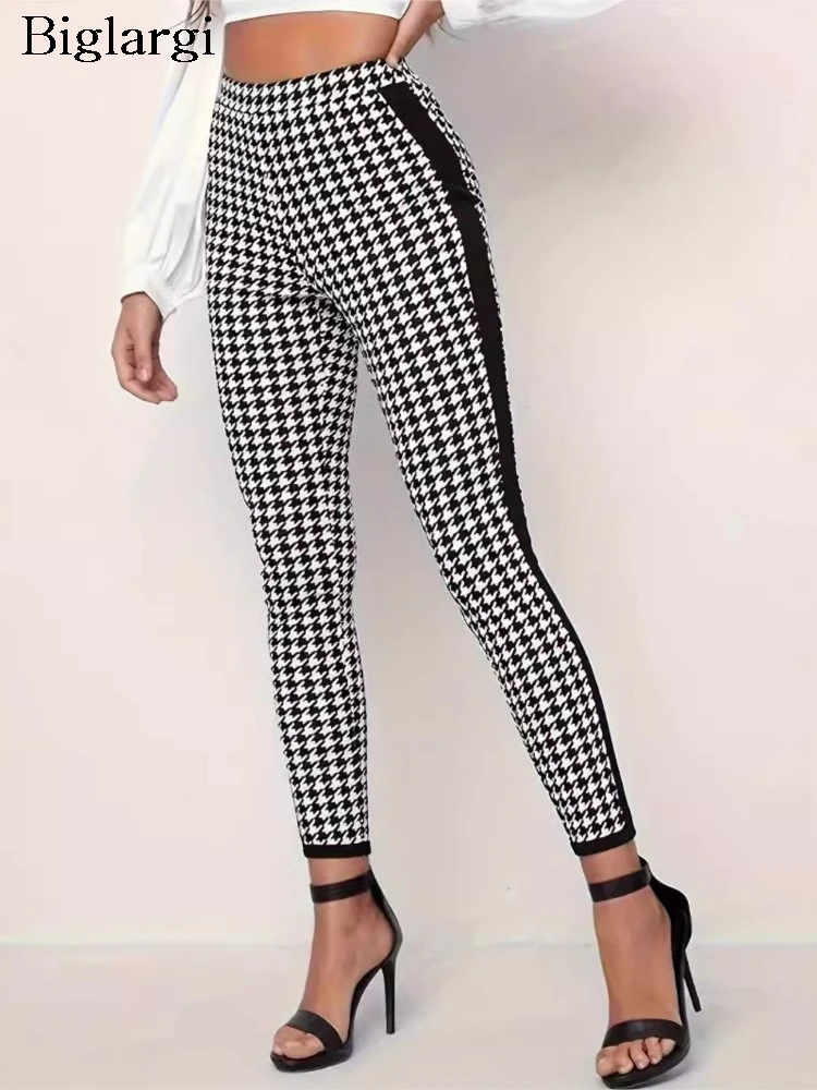 

Autumn Houndstooth Plaid Long Pant Women Slim Bodycon Fashion Print Patchwork Ladies Trousers Casual Woman Pants