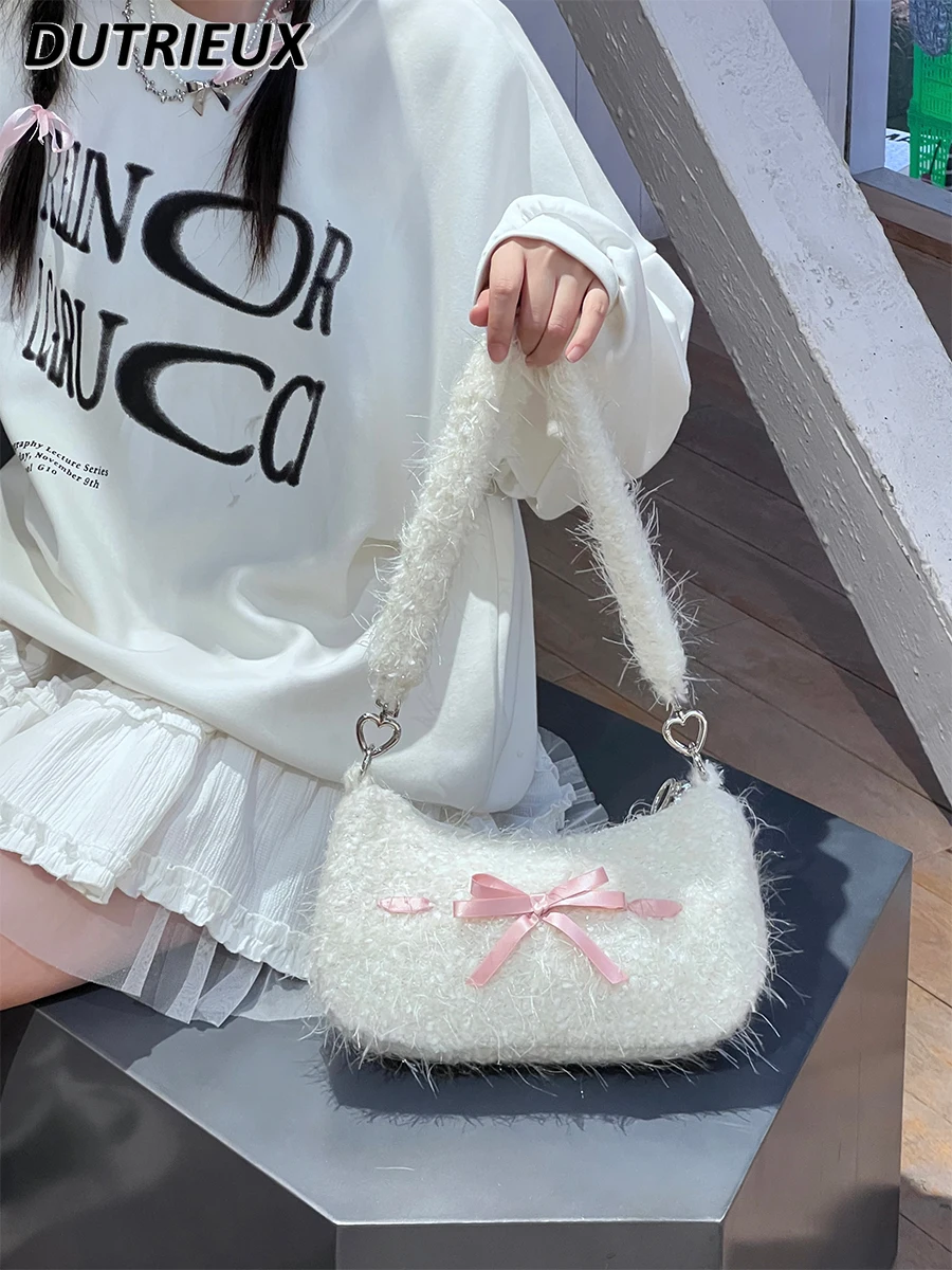 New Sweet Cute Bags Female Autumn and Winter Women's Handbags Bow Fashion Elegant Handbag Simple Underarm Bag for Ladies