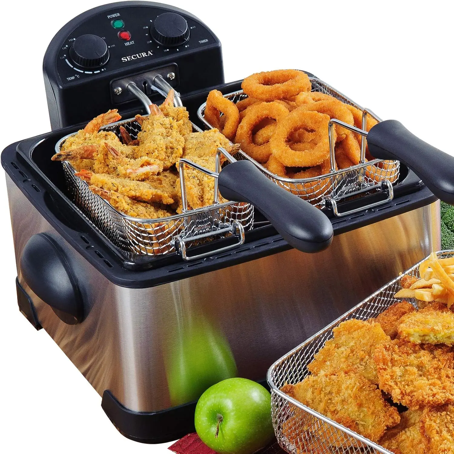

4-Liter Stainless Steel Electric Deep Fryer with Timer, Triple Basket, 1700W, Silver