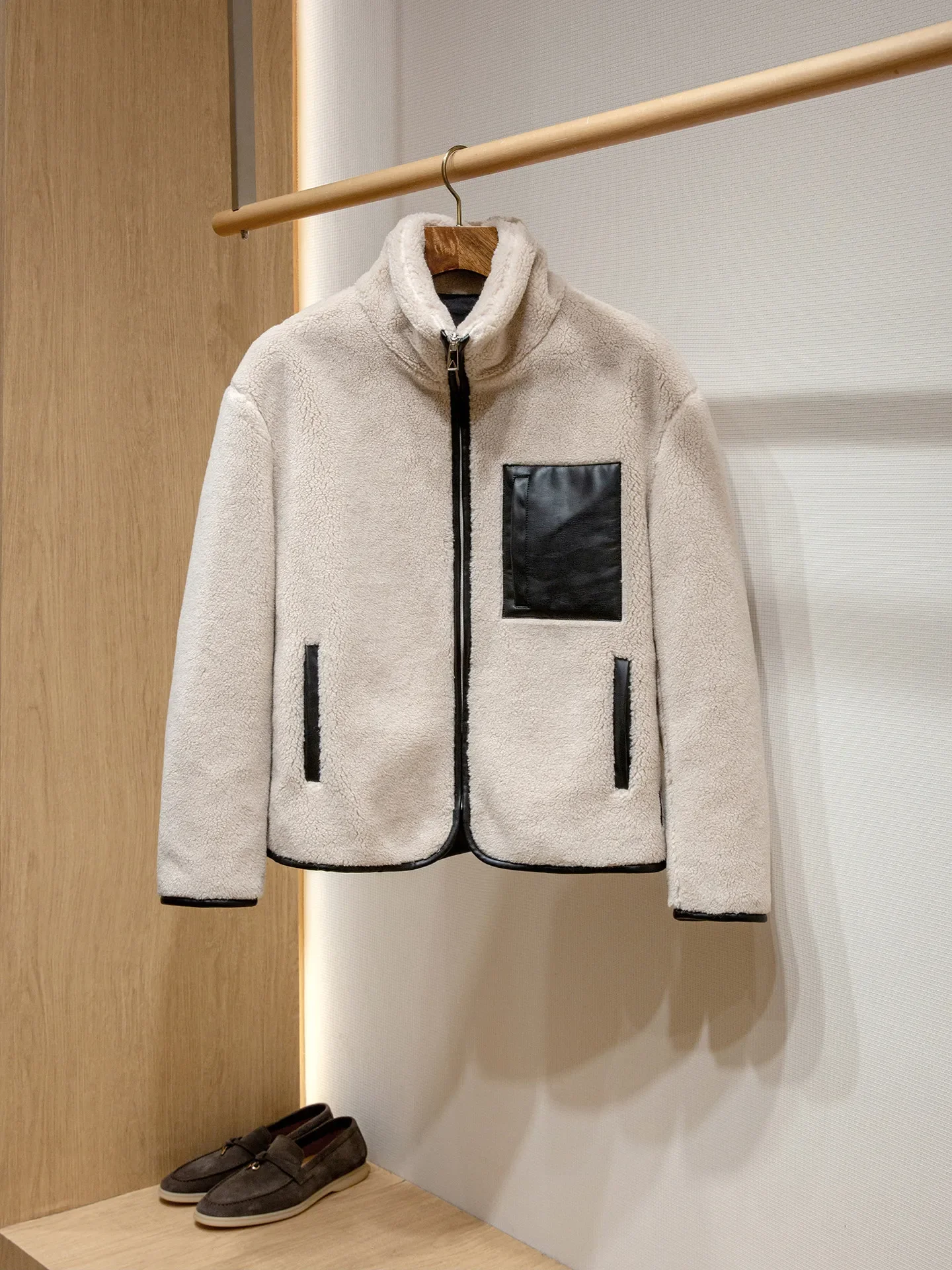 Sheepskin splicing fleece thickened men's casual old money wind stand-up collar wool jacket