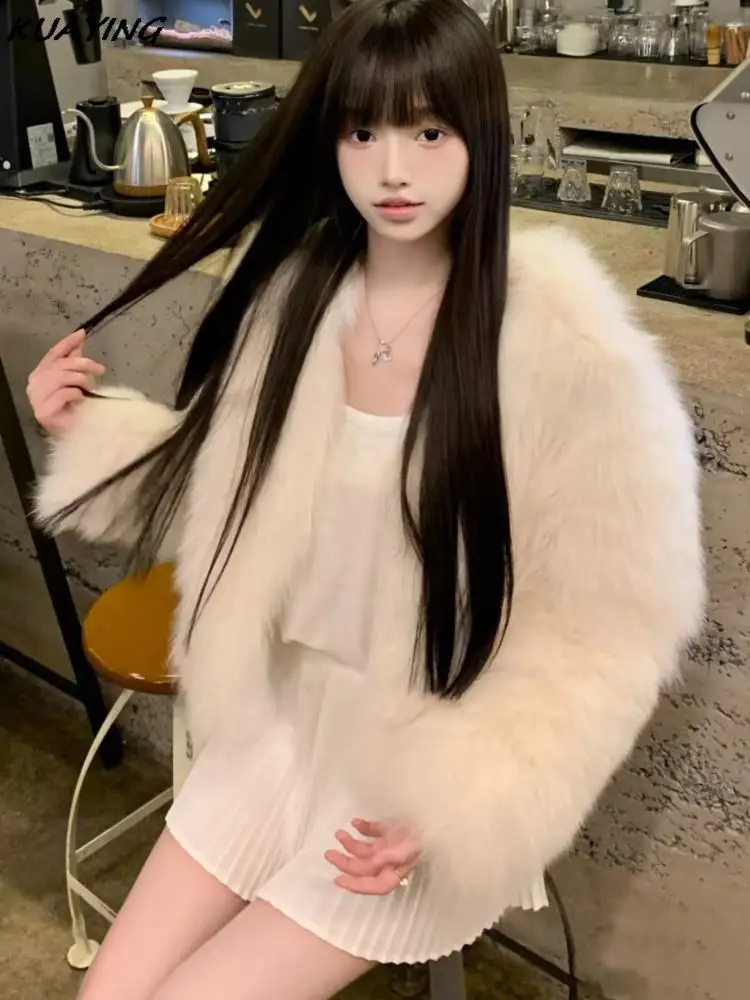 Sweet Faux Fur Coat Elegant Solid Fluffy Long Sleeve Cardigan Women's Winter Jacket Office Lady Outerwears Female New Outfits